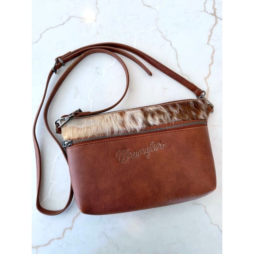 Wrangler Cowhide Crossbody Purse Brown Hair On Hide Western Shoulder Bag